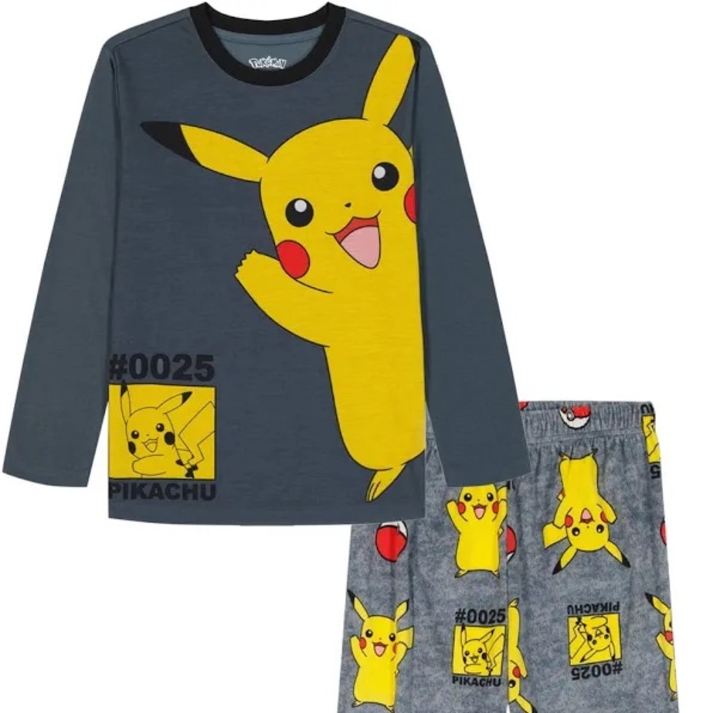 Pikachu Kids Long Sleeve/Pants Pajamas - Gray and Yellow
